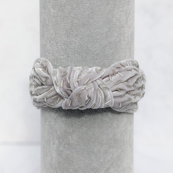 Silver Confetti Knot Velvet Headband Bugle Beads Handmade Knotted Turban Party main image 8
